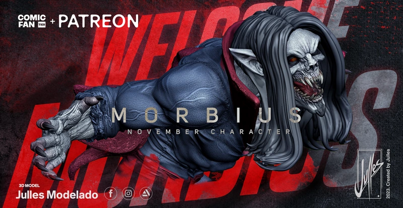 Morbius Marvel vampire character figure with fangs, long hair, blue suit and extended clawed hand