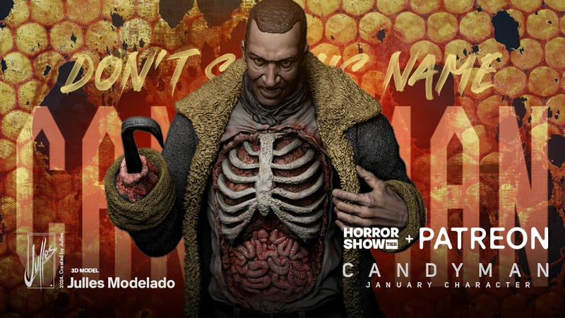 Candyman horror figure with a hook, fur collar, and exposed ribcage