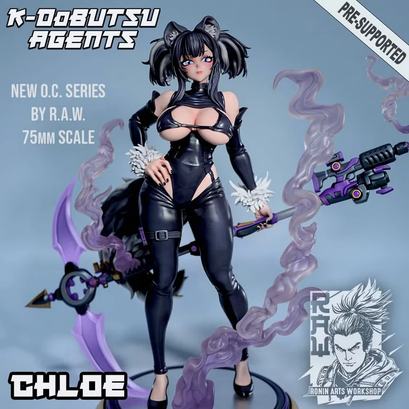 Chloe original character figurine with black cat ears, purple weapon, and lavender swirling effects