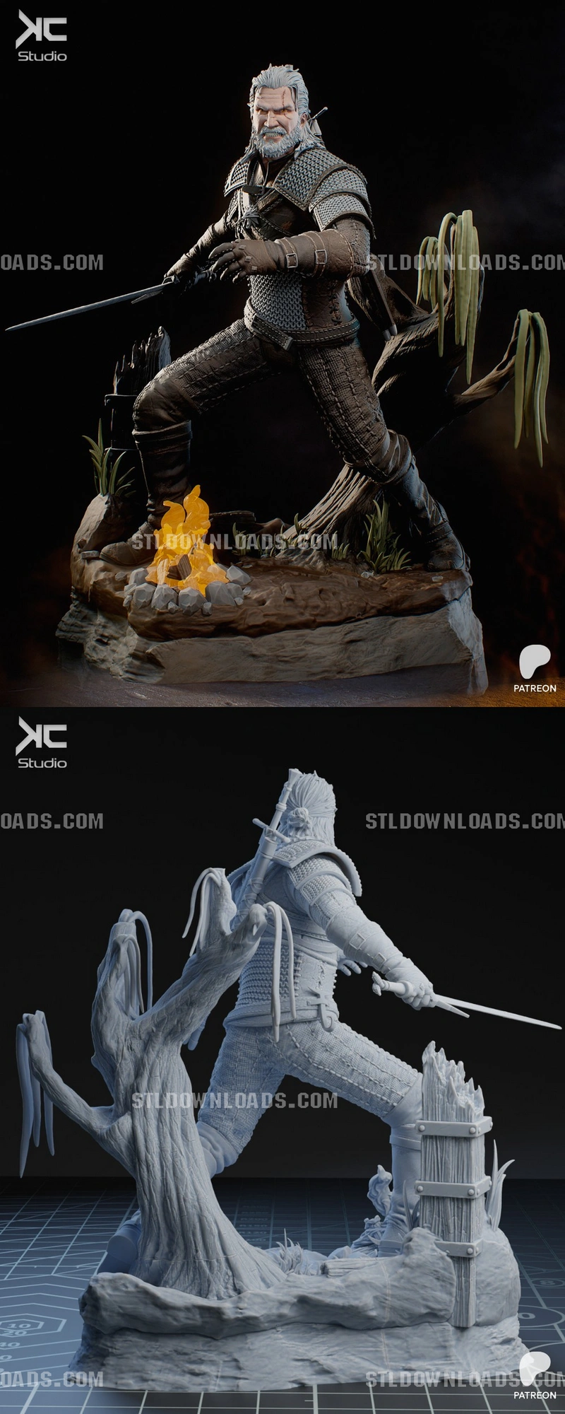 Geralt of Rivia holding a sword on a rocky woodland statue base
