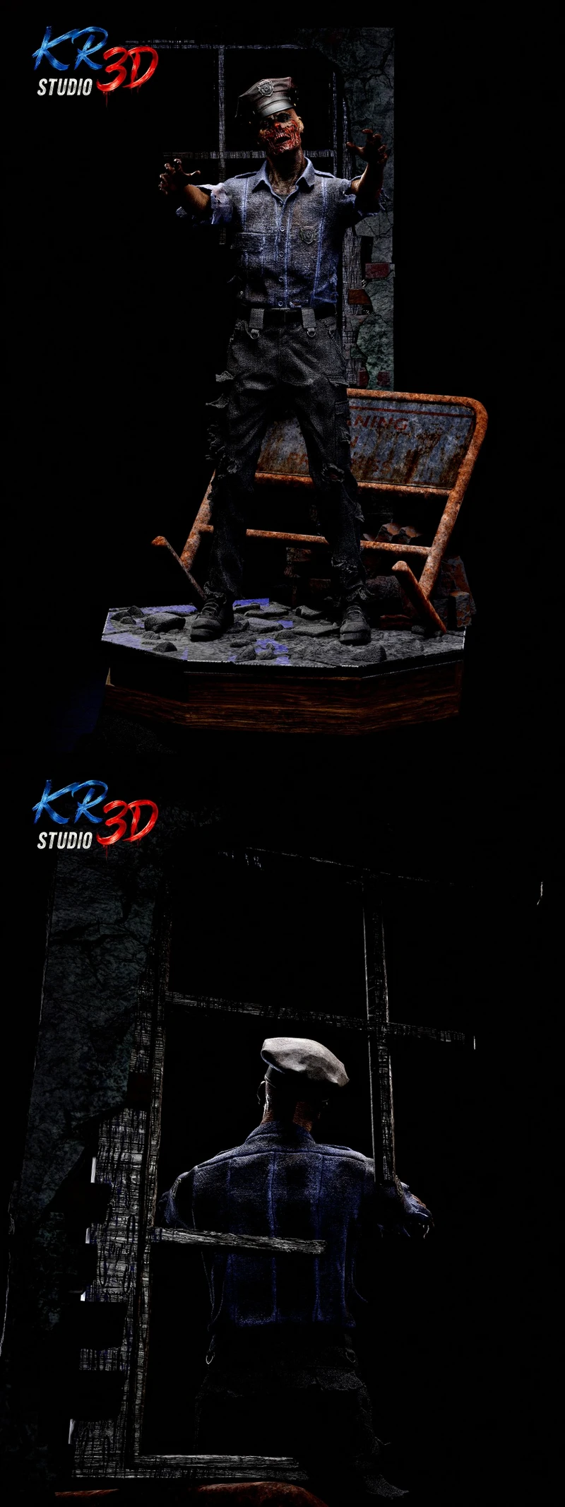 Resident Evil RPD zombie figure in torn police uniform on a rubble base