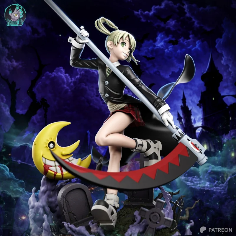 Maka Albarn from Soul Eater holding a large scythe with Blair on a display base