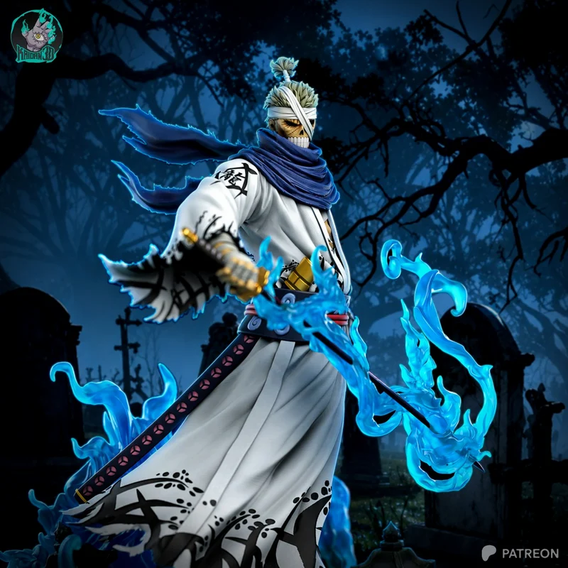 Ryuma One Piece samurai statue with a sword and blue flame effects