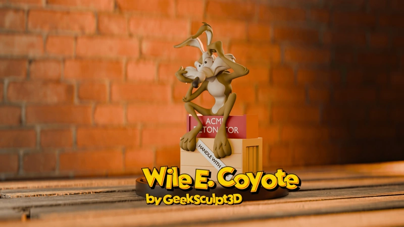 Stylized Wile E. Coyote 3D character statue with long ears and oversized paws