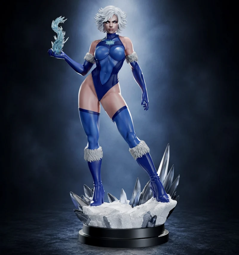 Killer Frost in a blue costume standing on an icy crystalline display base