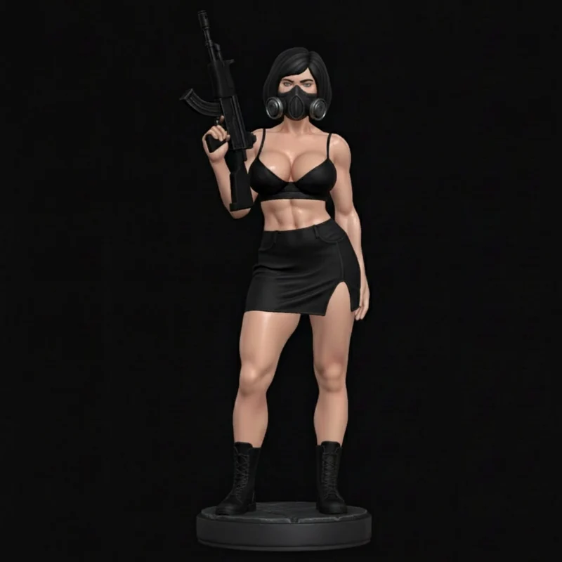 Killer Girl original character statue with mask, rifle, boots, and display base