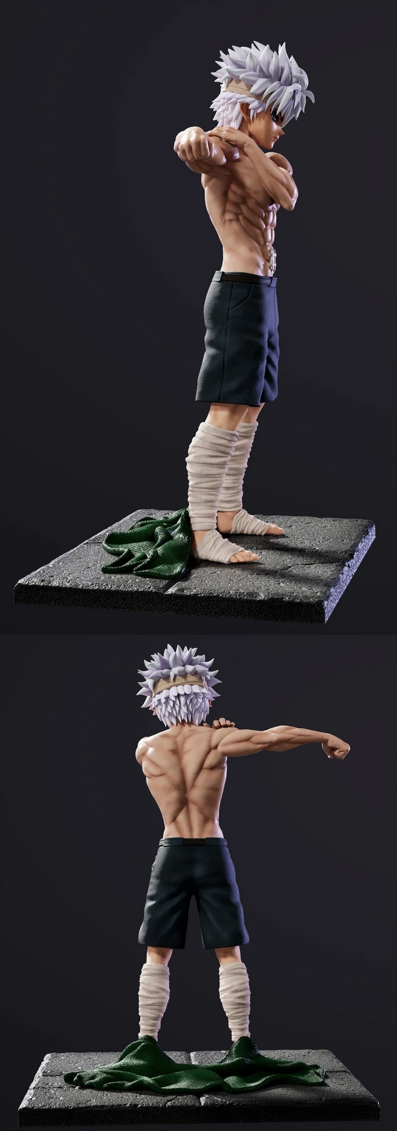 Killua Zoldyck 3D statue in a striking pose with spiky hair, bandaged legs, green shoes, and a stone-like base