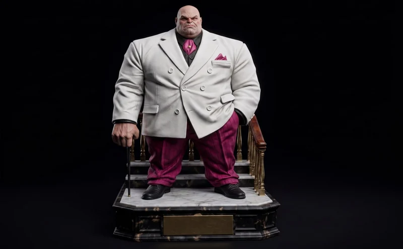Kingpin Marvel statue in a white suit standing on a display plinth
