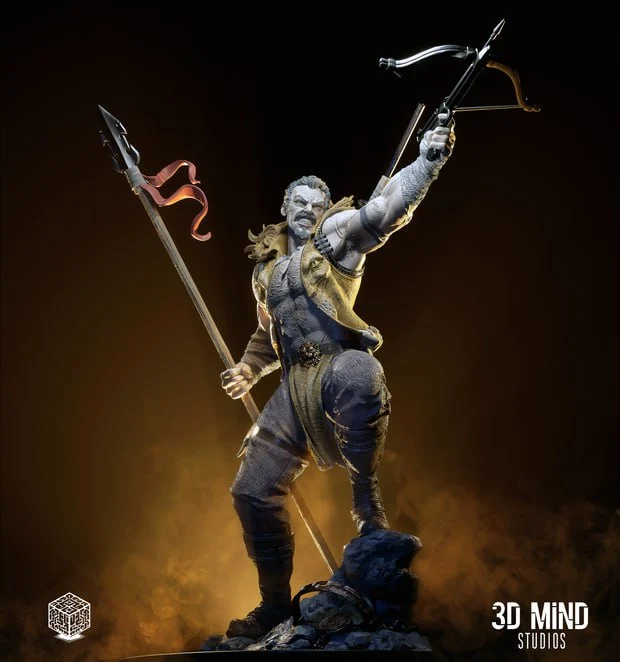 Kraven the Hunter Marvel figure holding a bow and spear on a rocky base