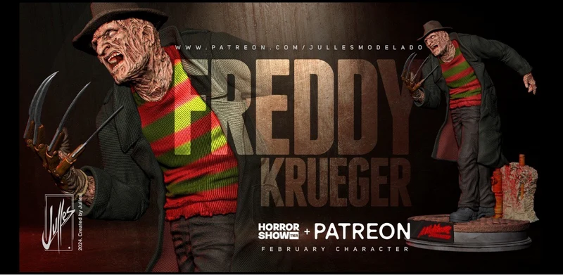 Freddy Krueger horror character figure with fedora, striped sweater and bladed glove