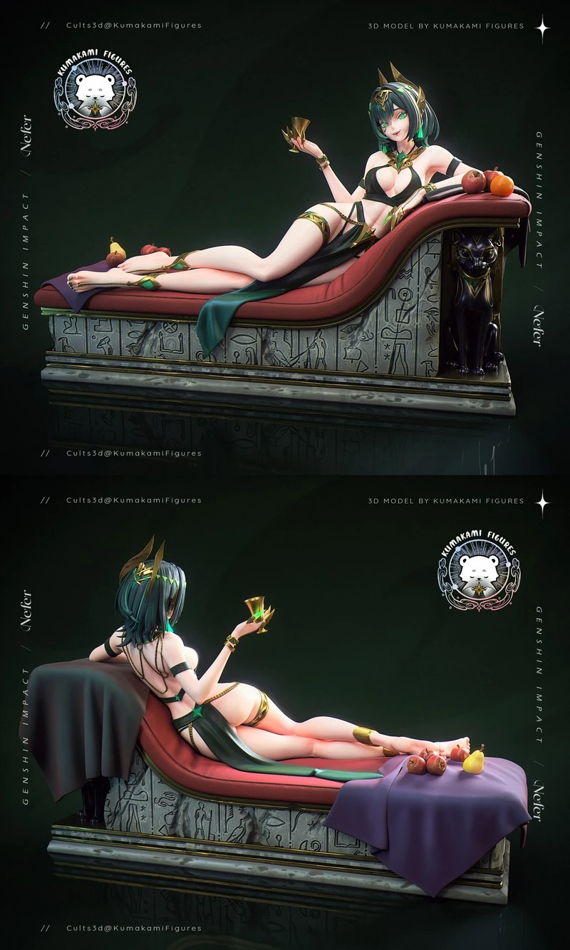 Nefer from Genshin Impact reclining on an ornate chaise with fruit