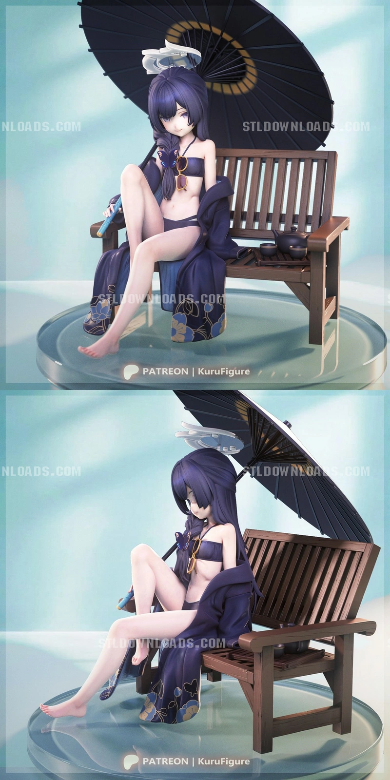 Ryuuge Kisaki Blue Archive figure seated on a bench beneath a black parasol