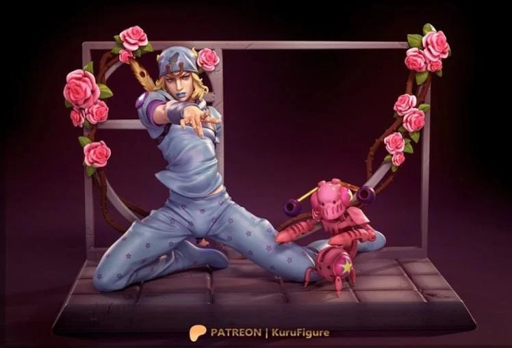 Johnny Joestar STL figure seated in blue clothing with roses and a pink mechanical-looking companion