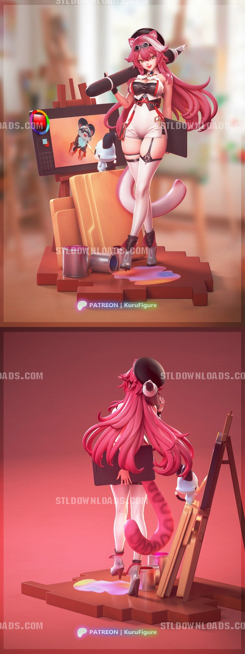 Raora Hololive pink-haired cat character statue with easel and display base