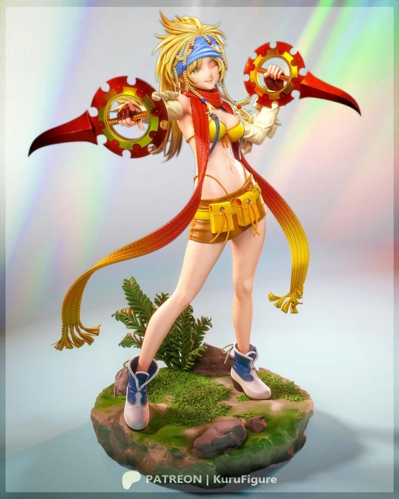 Rikku from Final Fantasy X holding twin chakrams on a rocky display base
