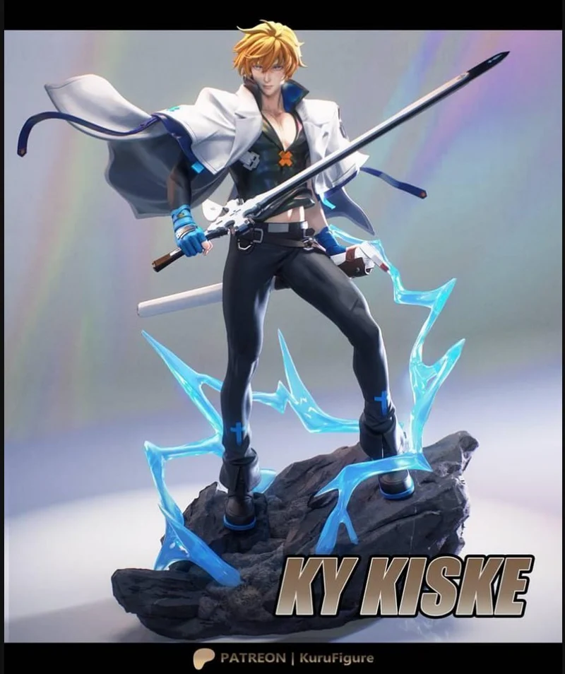 Ky Kiske from Guilty Gear with spear, white coat and blue lightning on a rocky base