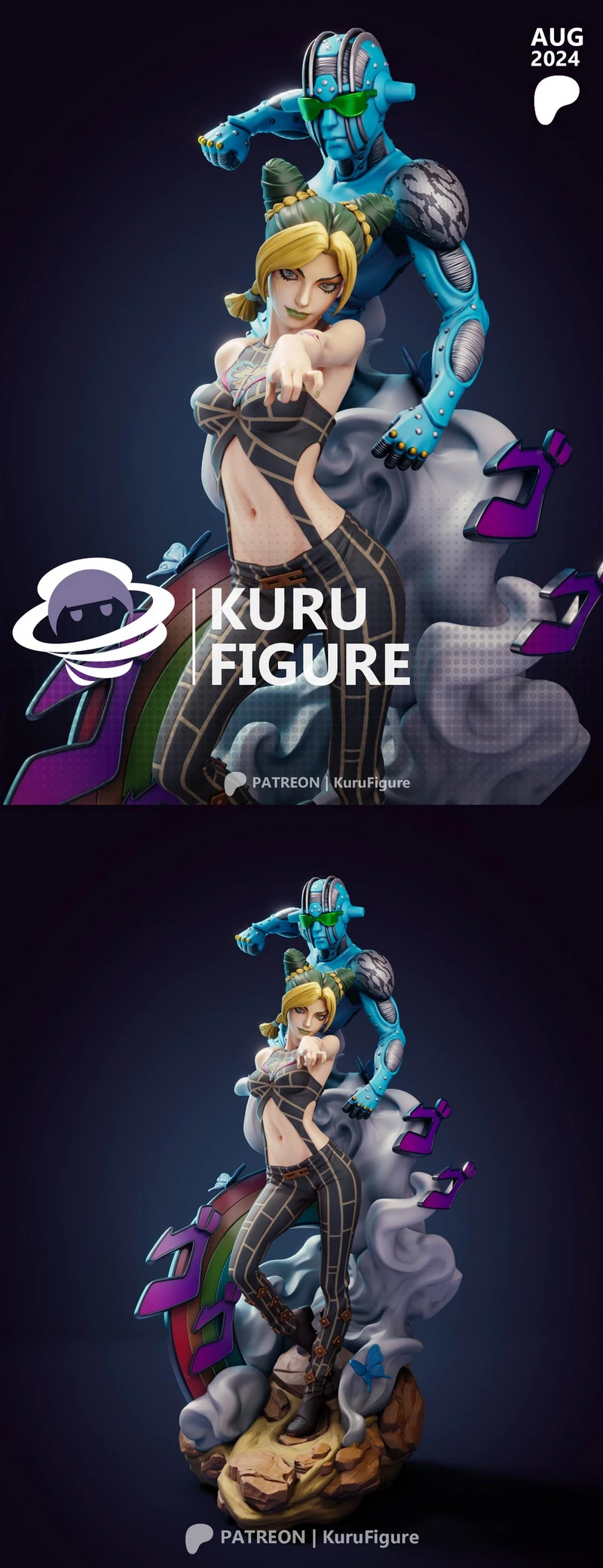 Jolyne Kujo with her blue Stand Stone Free on a sculpted base