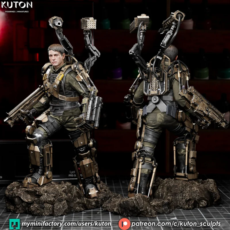 William Cage in a combat exoskeleton with mechanical arms, rifle, and rocky base