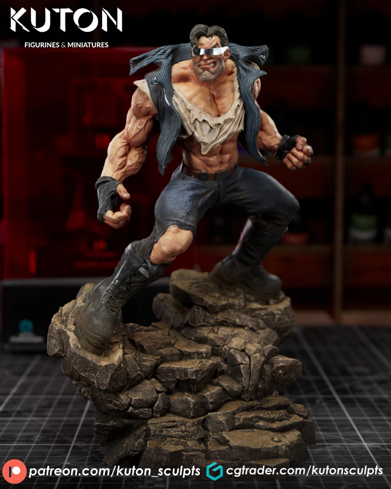 Sharky original character figurine in an action pose on a rocky base