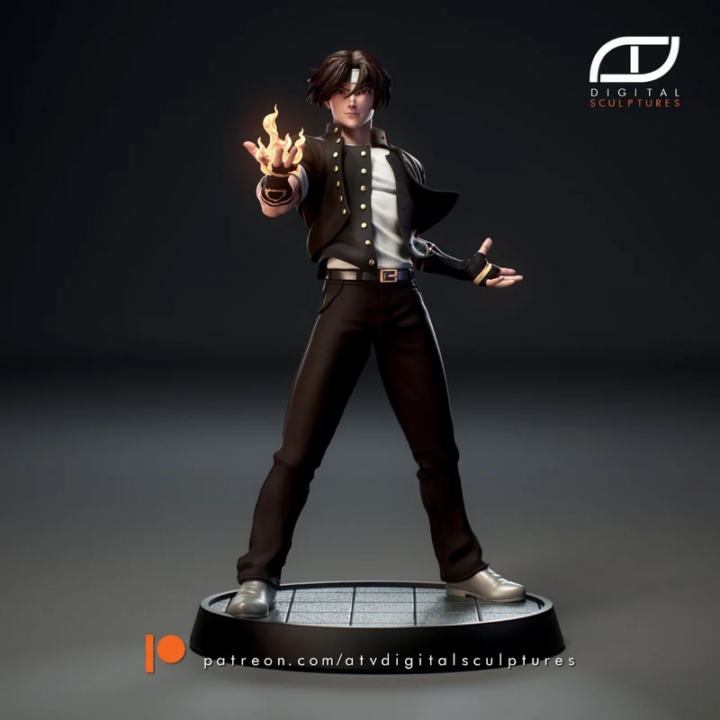 Kyo Kusanagi 3D character statue with flames on a round base