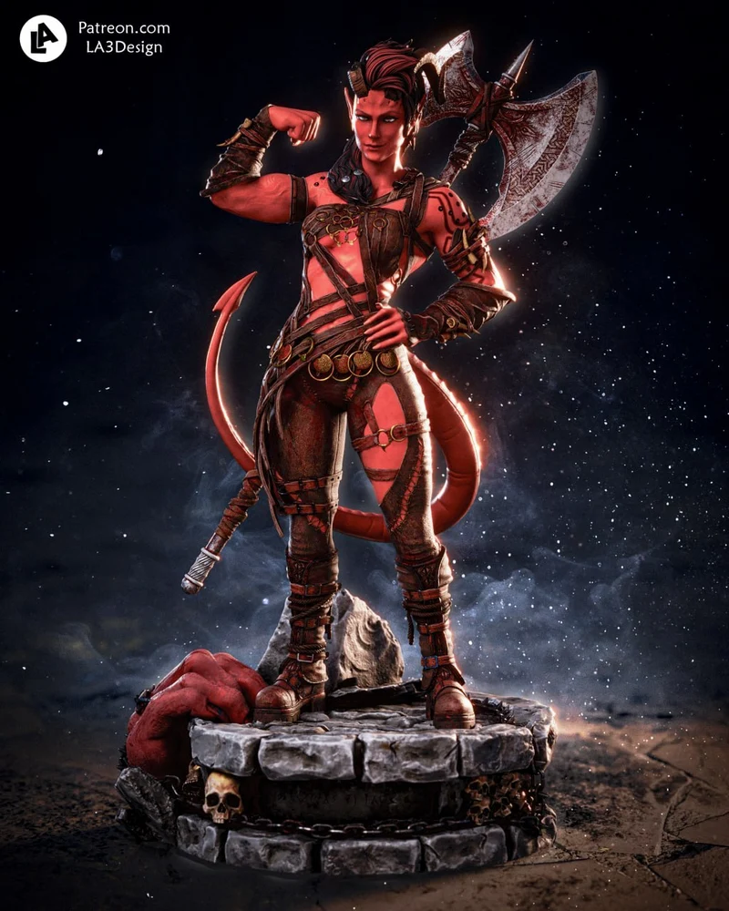 Karlach tiefling warrior figure with battle axe on a stone pedestal