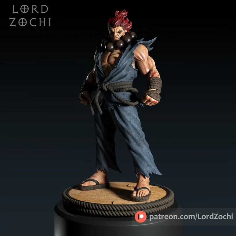 Akuma Street Fighter character figure in a torn gi with prayer beads