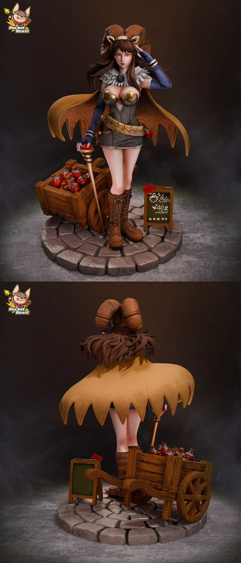 Lady Alchemist fantasy character statue with potion cart and winged cloak