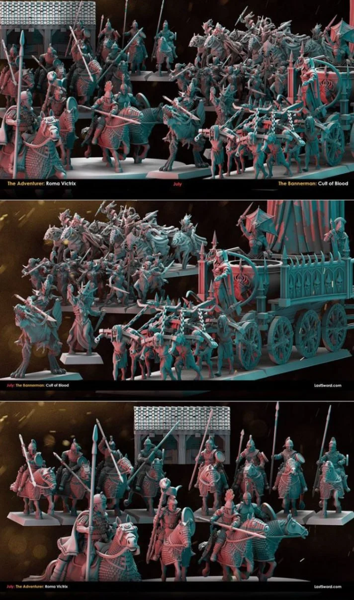 Original fantasy miniature army with mounted riders, soldiers, banners, and a detailed war cart