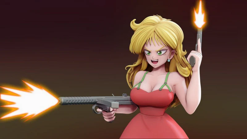 Launch from Dragon Ball anime figure with blonde hair, red dress, and firearms