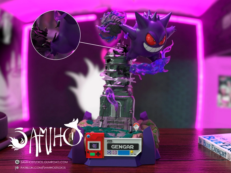 Gengar Pokémon 3D model hovering above a haunted stone tower with purple effects