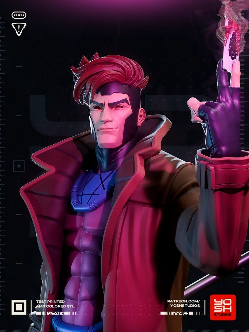 Gambit Marvel 3D character model with raised playing card and high-collared coat