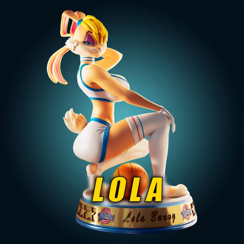 Stylized Lola Bunny Looney Tunes rabbit figure in a white athletic outfit on a decorative pedestal.