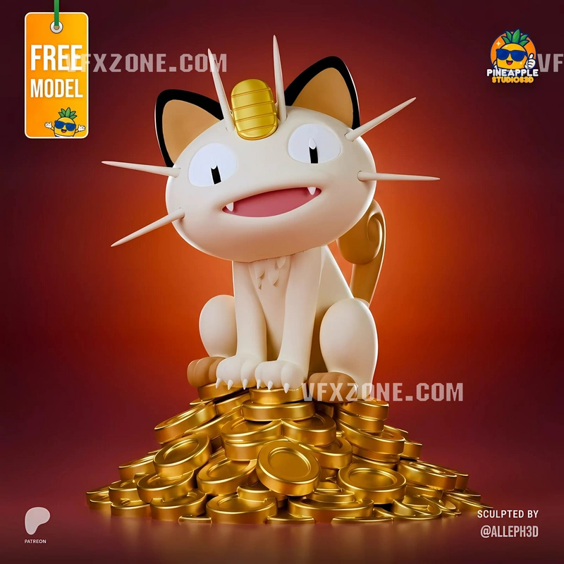 Lucky Meowth Pokémon figure with gold charm and curled tail on a pile of coins