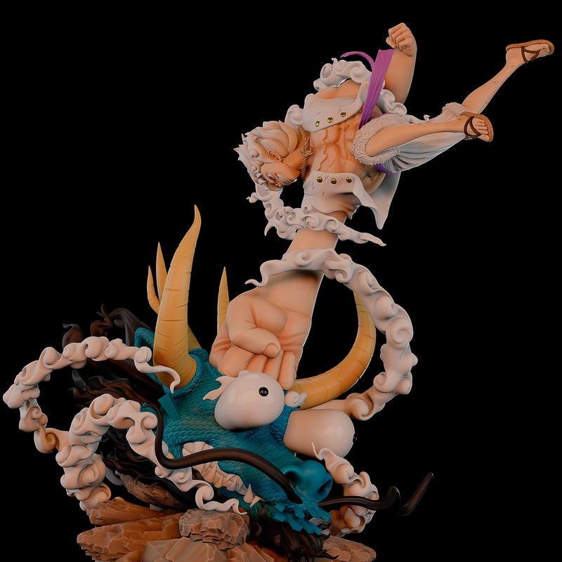 Luffy Gear 5 posed above a blue dragon in a detailed One Piece statue