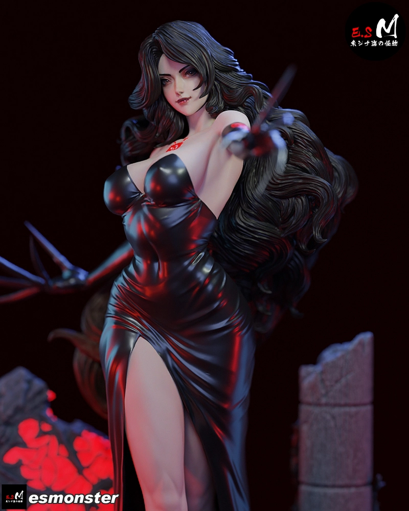 Lust from Fullmetal Alchemist in a black dress with long flowing hair