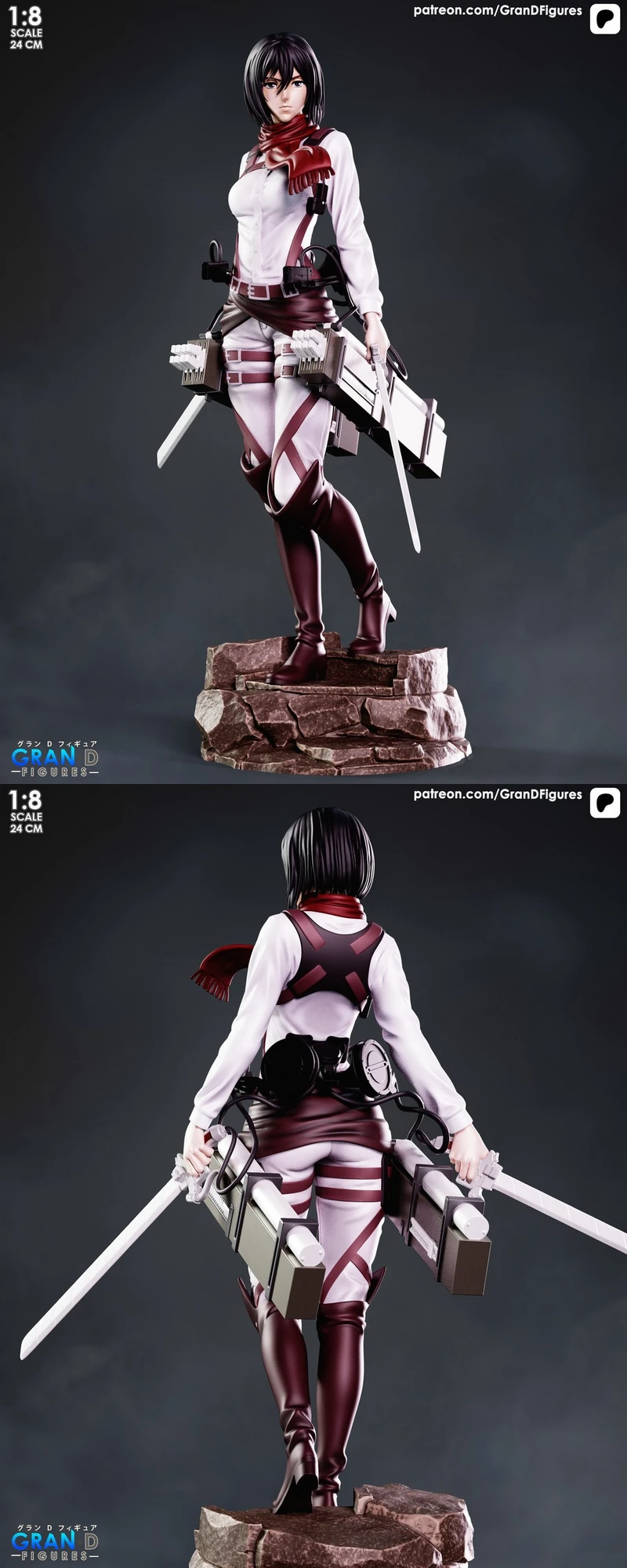 Mikasa Ackerman statue with red scarf, dual blades, ODM gear, and rocky base
