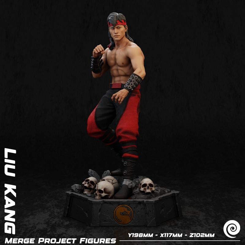 Liu Kang Mortal Kombat figure in a fighting pose on a skull pedestal