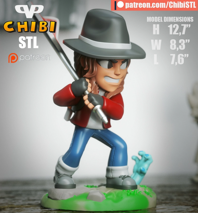 Chibi Maggie from The Walking Dead holding a baseball bat on an undead-themed base