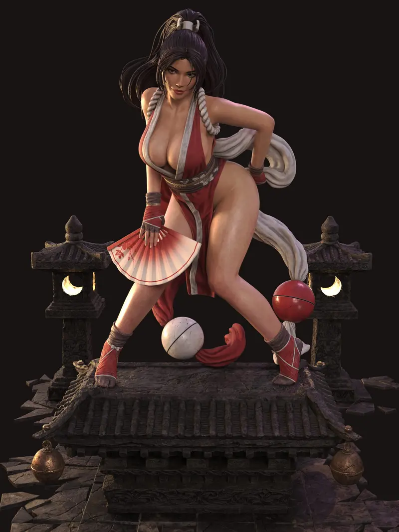 Mai Shiranui Fatal Fury statue in red outfit with fan and lantern base