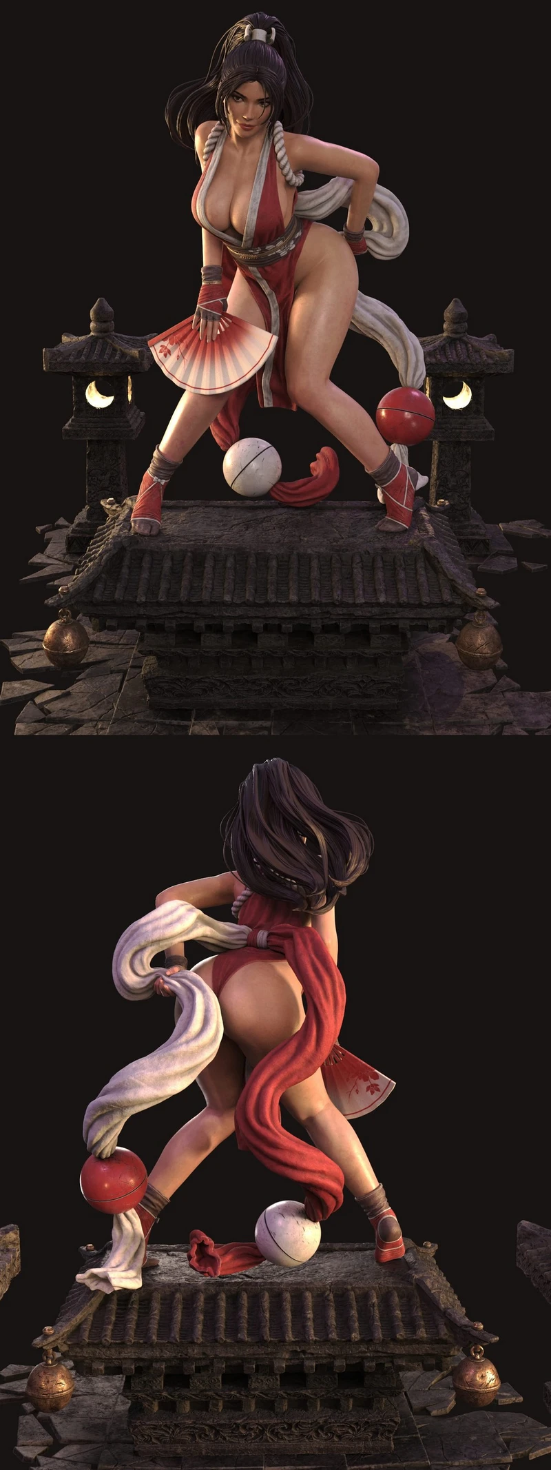 Mai Shiranui Fatal Fury statue with fan on an ornate rooftop base