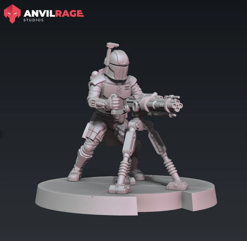 Mandalorian Heavy Gunner in armor with a multi-barrel blaster on a display base