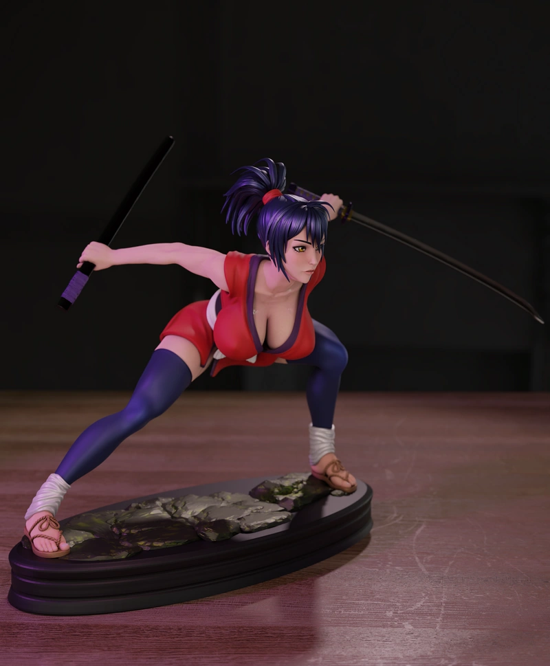 Chifusa Manyuu anime samurai figure with twin swords on a rocky base