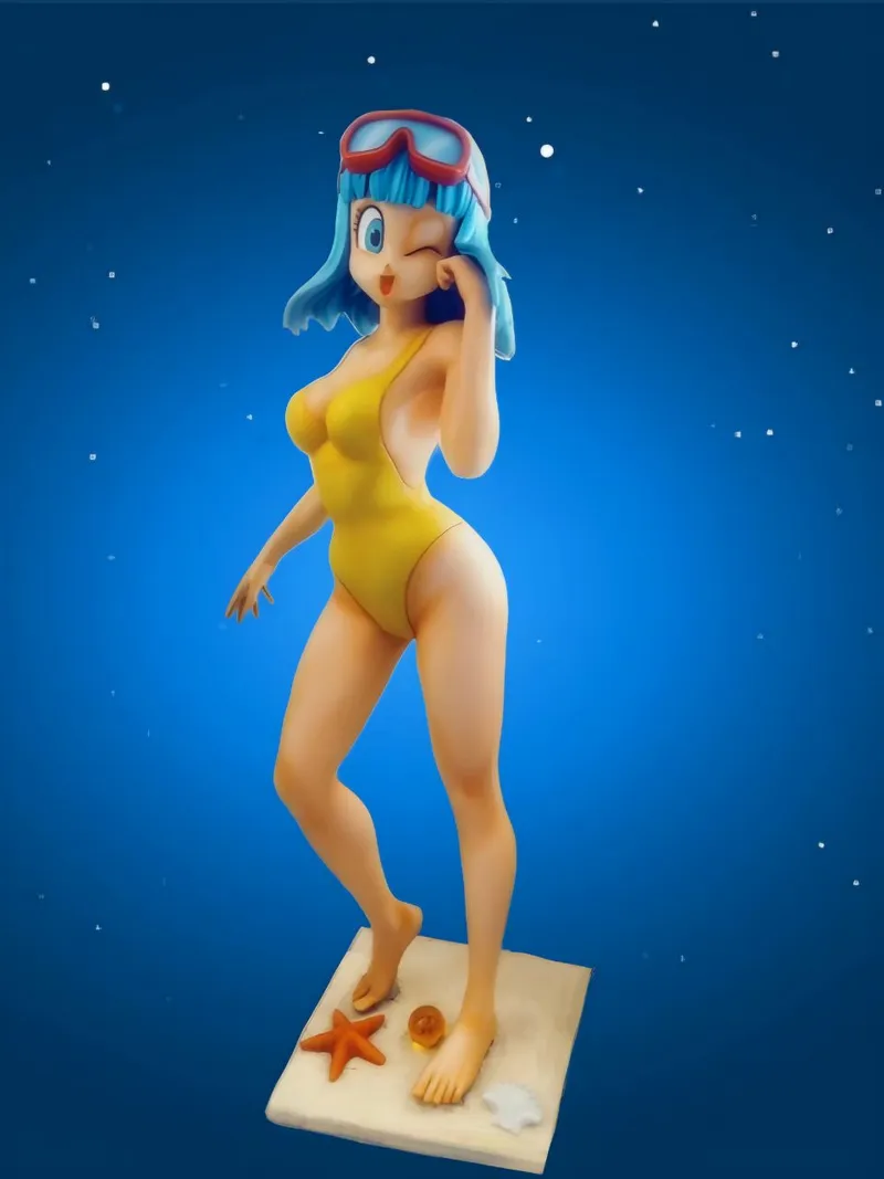 Maron Dragon Ball figure with blue hair, red goggles, and yellow swimsuit