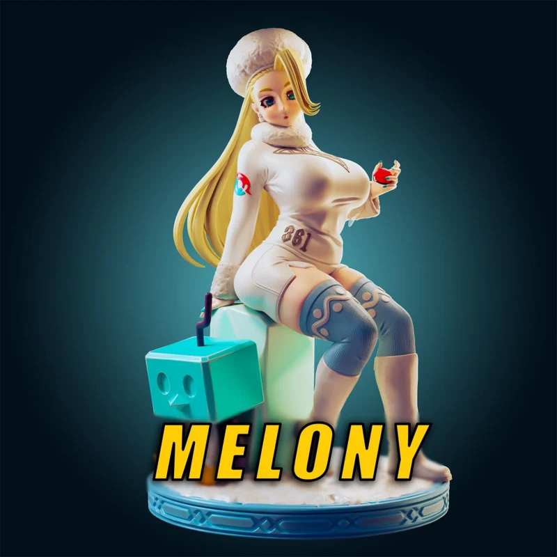 Melony Pokémon trainer figure in a white winter outfit on a display base