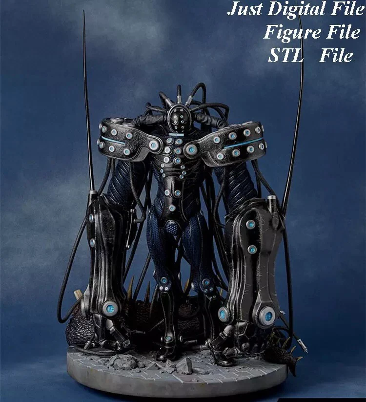 Gantz armored mechanical figure with cables and antennae on a rocky base