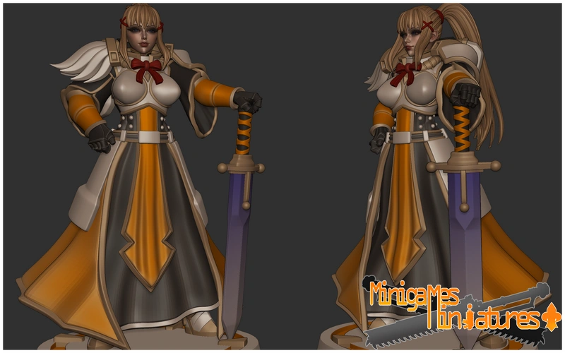 Darkness from KonoSuba as an armored anime knight with a large purple sword
