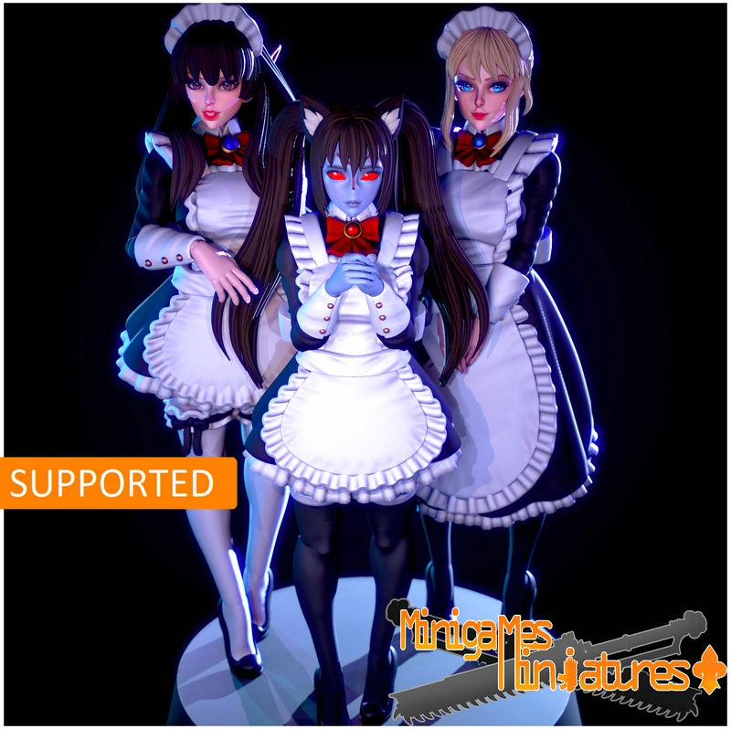 Three sci-fi maid character miniatures in detailed futuristic uniforms