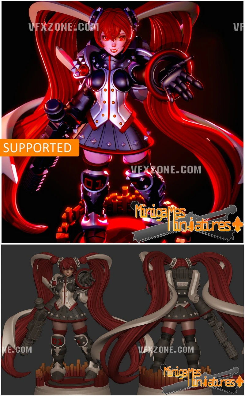 Vocaloid-inspired anime sister figure with red twin tails and stylized armor