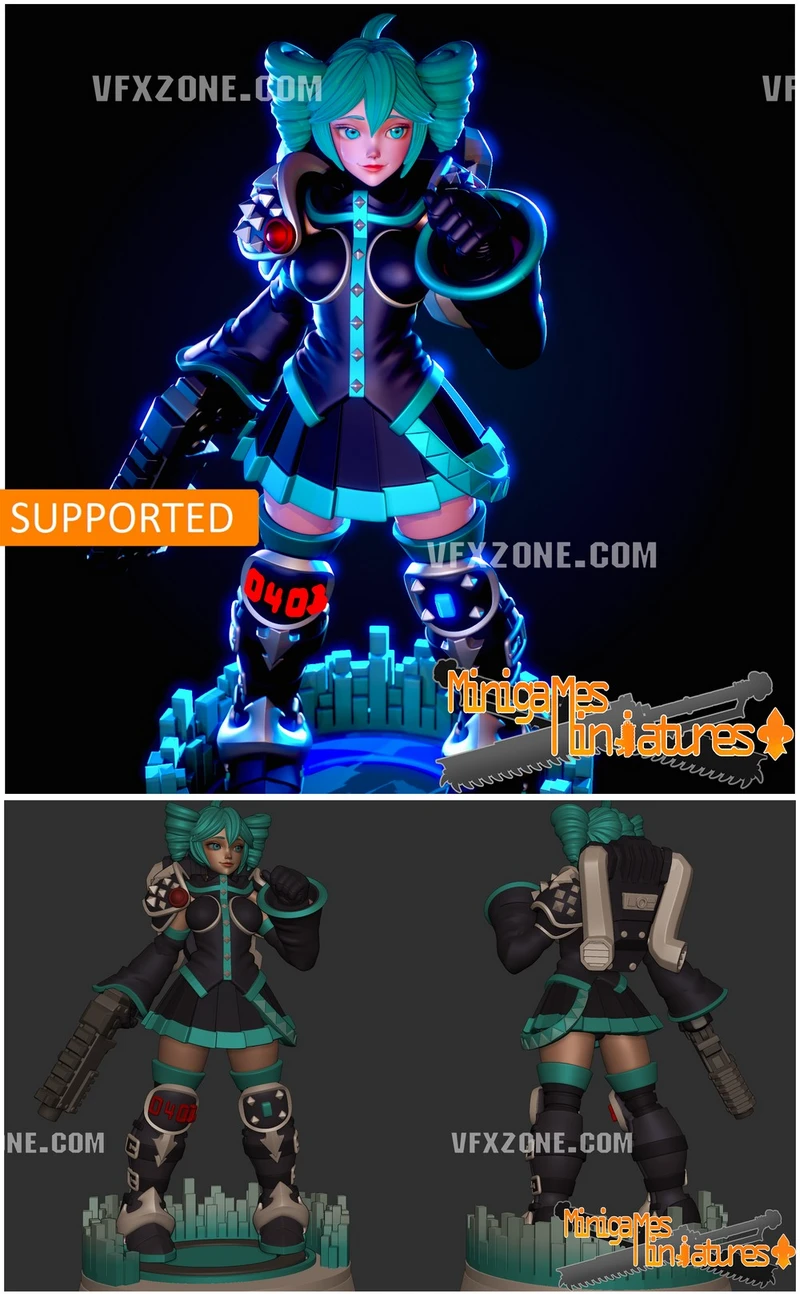 Teal-haired Vocaloid-inspired sister character miniature with mechanical armor and scenic base