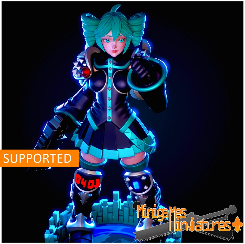 Vocaloid-inspired anime-style sister character with turquoise hair and futuristic cyan-trimmed armor